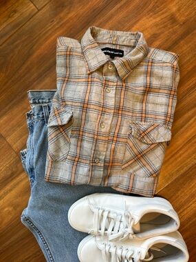 Molokai Surf Co. grey & orange plaid button-up shirt